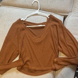 Brown Ribbed V-Neck Sweater